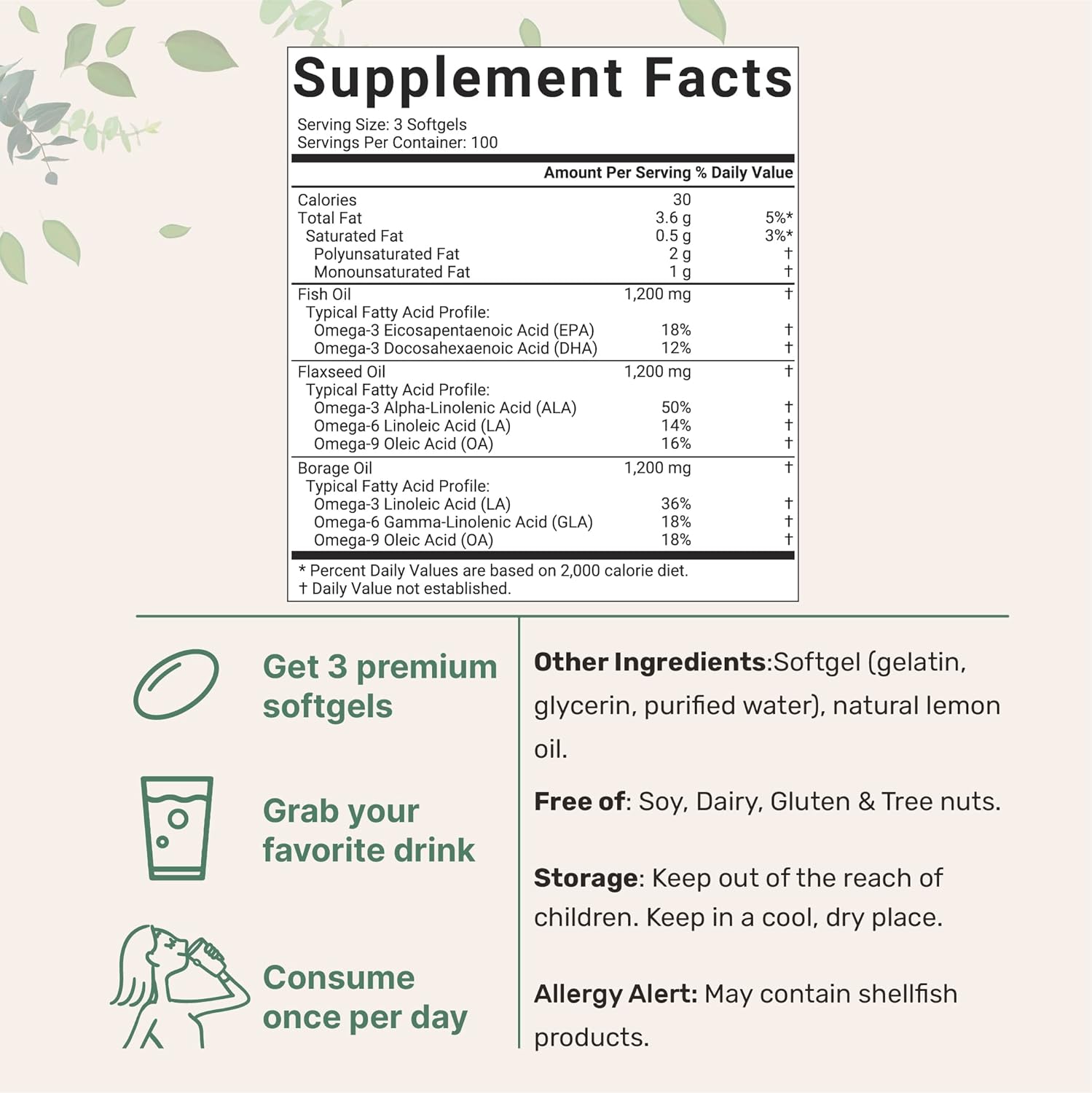 Omega 3-6-9 Blend Softgels 3600mg, 300 Count - Lemon Flavored Supplement with Fish, Flaxseed, Borage Oils - Non-GMO, Gluten-Free, Mercury-Free