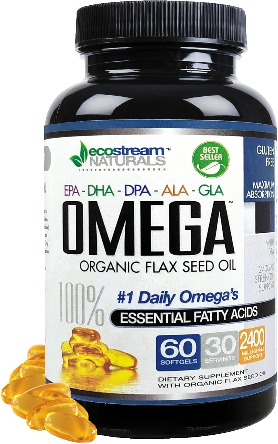 Omega 3-6-9 Blend with DPA, EPA, DHA, ALA, and GLA Softgels, 2,800mg Strength, Gluten-Free, Made in USA - 60 Capsules by ecostream Naturals