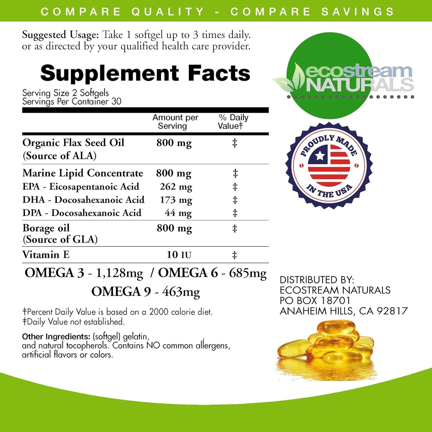 Omega 3-6-9 Blend with DPA, EPA, DHA, ALA, and GLA Softgels, 2,800mg Strength, Gluten-Free, Made in USA - 60 Capsules by ecostream Naturals