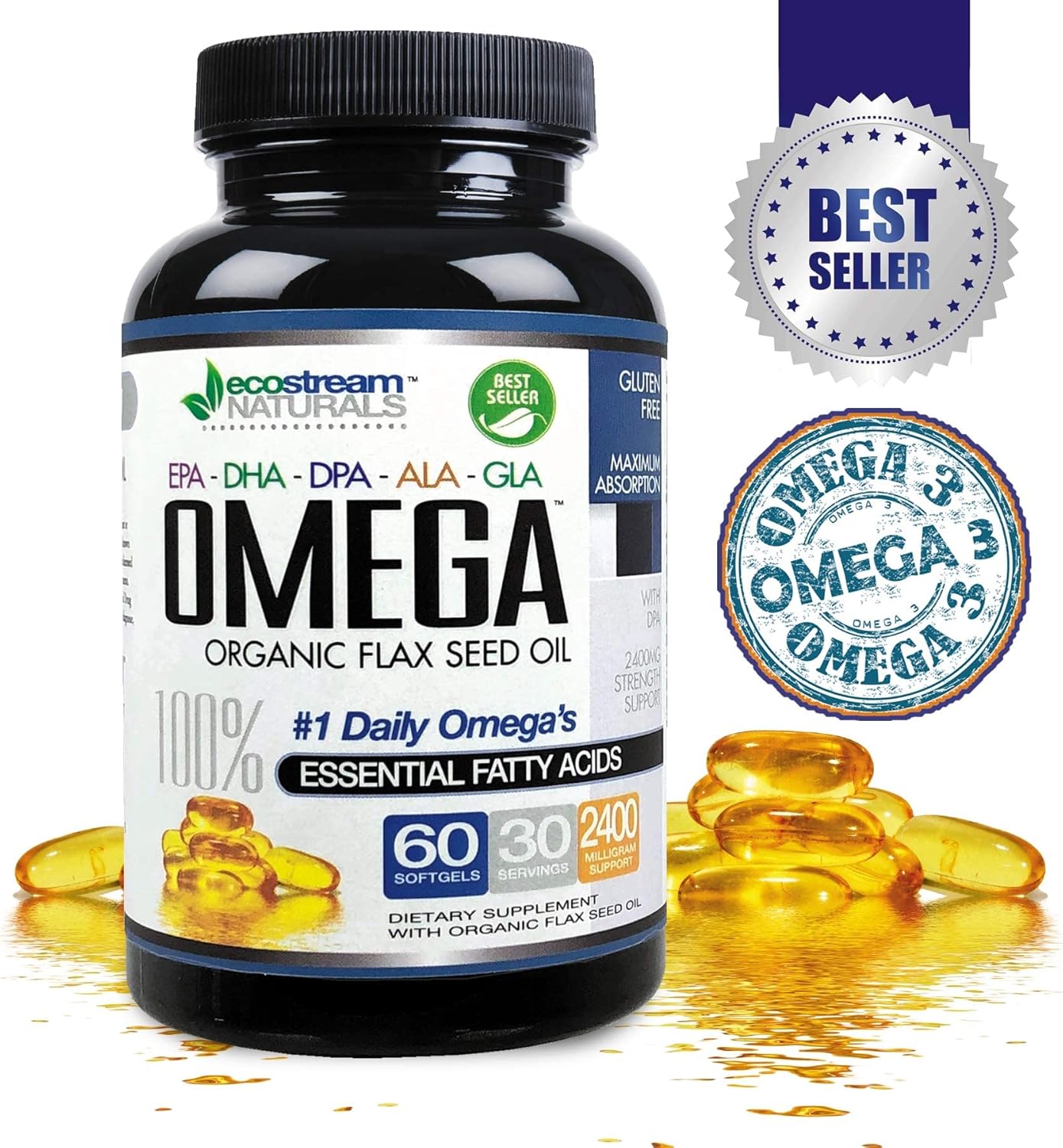 Omega 3-6-9 Blend with DPA, EPA, DHA, ALA, and GLA Softgels, 2,800mg Strength, Gluten-Free, Made in USA - 60 Capsules by ecostream Naturals