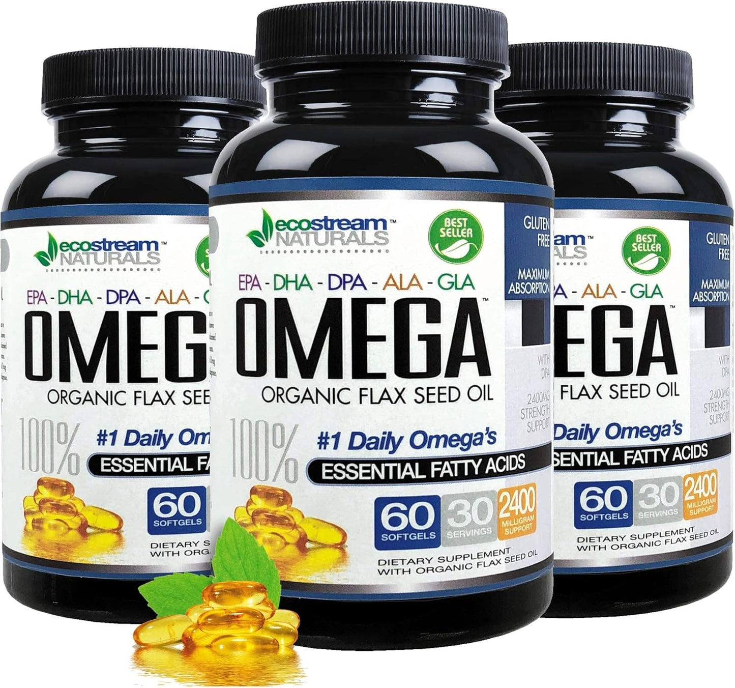 Omega 3-6-9 Blend with DPA, EPA, DHA, ALA, and GLA Softgels, 2,800mg Strength, Gluten-Free, Made in USA - 60 Capsules by ecostream Naturals
