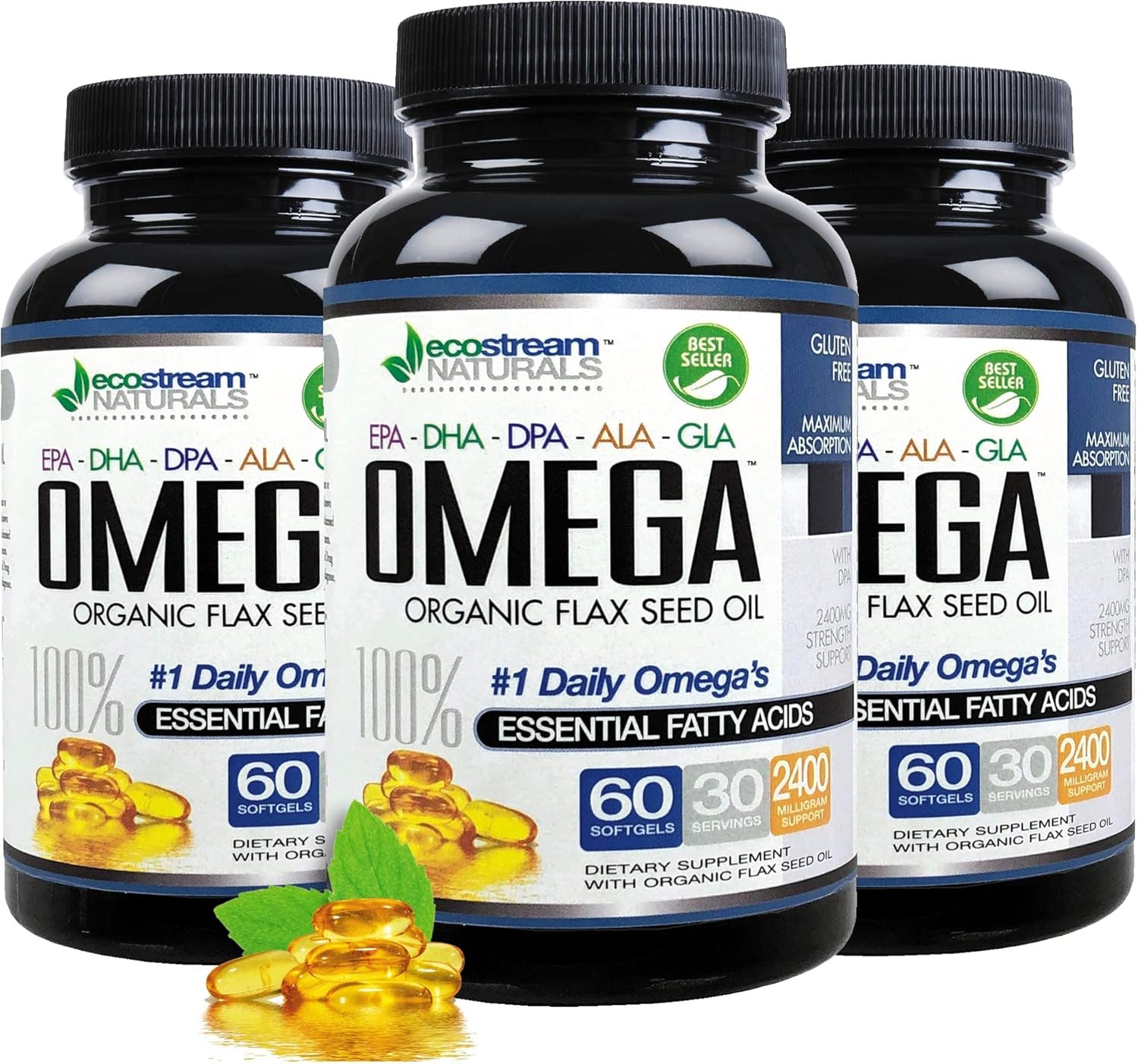 Omega 3-6-9 Blend with DPA, EPA, DHA, ALA, and GLA Softgels, 2,800mg Strength, Gluten-Free, Made in USA - 60 Capsules by ecostream Naturals