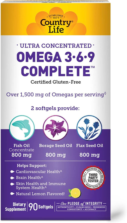 Omega 3-6-9 Complete Supplement - 1,534mg Fatty Acids - Supports Cardiovascular, Brain, Skin & Immune Health - Gluten Free, Non-GMO - Lemon Flavor, 90 Softgels