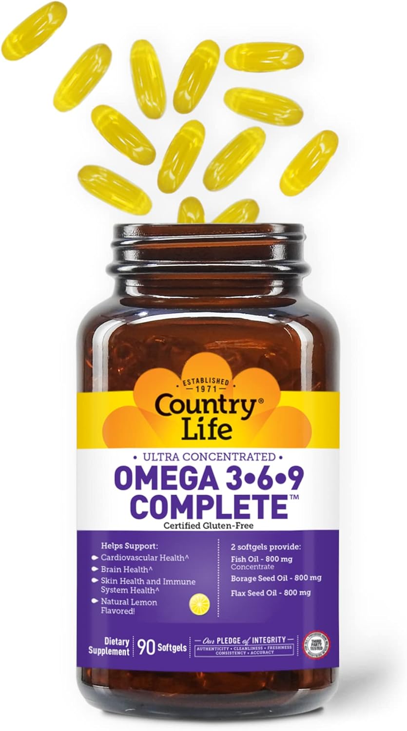 Omega 3-6-9 Complete Supplement - 1,534mg Fatty Acids - Supports Cardiovascular, Brain, Skin & Immune Health - Gluten Free, Non-GMO - Lemon Flavor, 90 Softgels