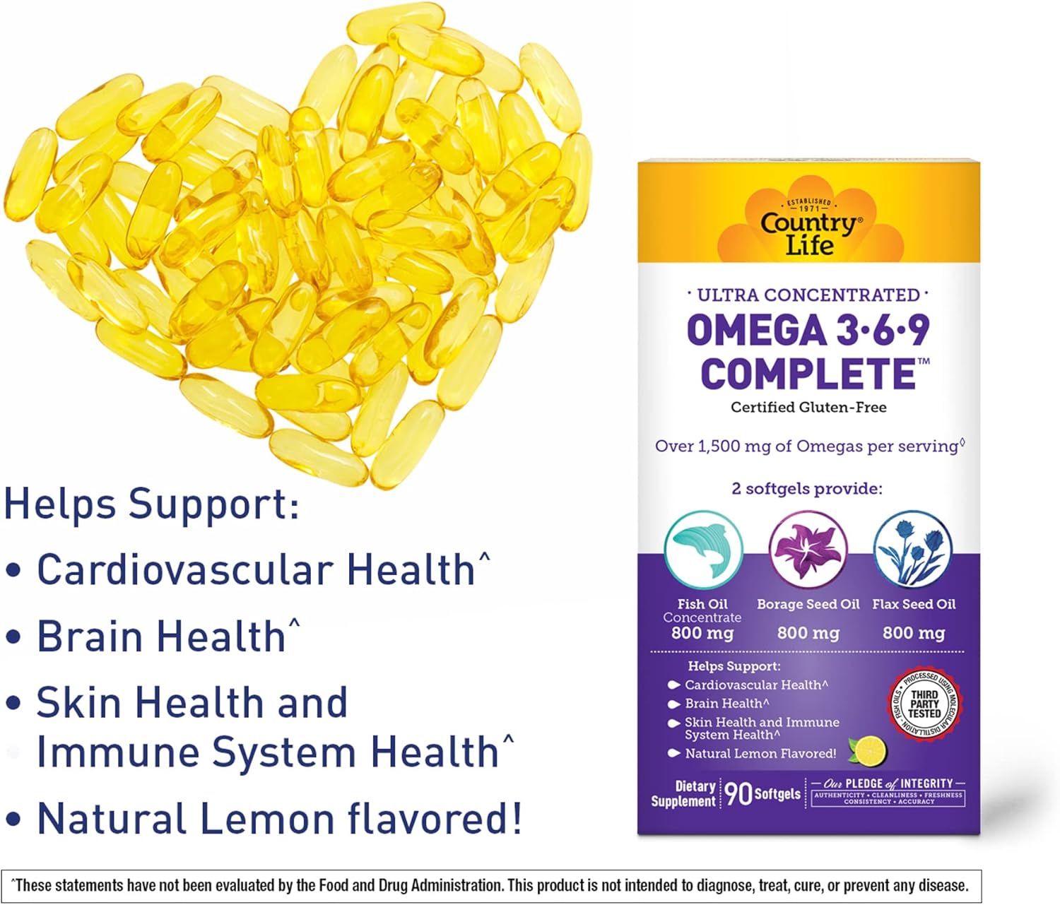 Omega 3-6-9 Complete Supplement - 1,534mg Fatty Acids - Supports Cardiovascular, Brain, Skin & Immune Health - Gluten Free, Non-GMO - Lemon Flavor, 90 Softgels