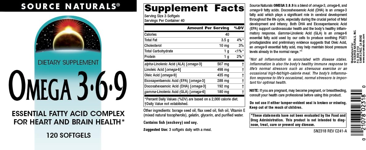 Omega 3-6-9 Essential Fatty Acid Complex Softgels for Heart and Brain Health by Source Naturals - 120 Count
