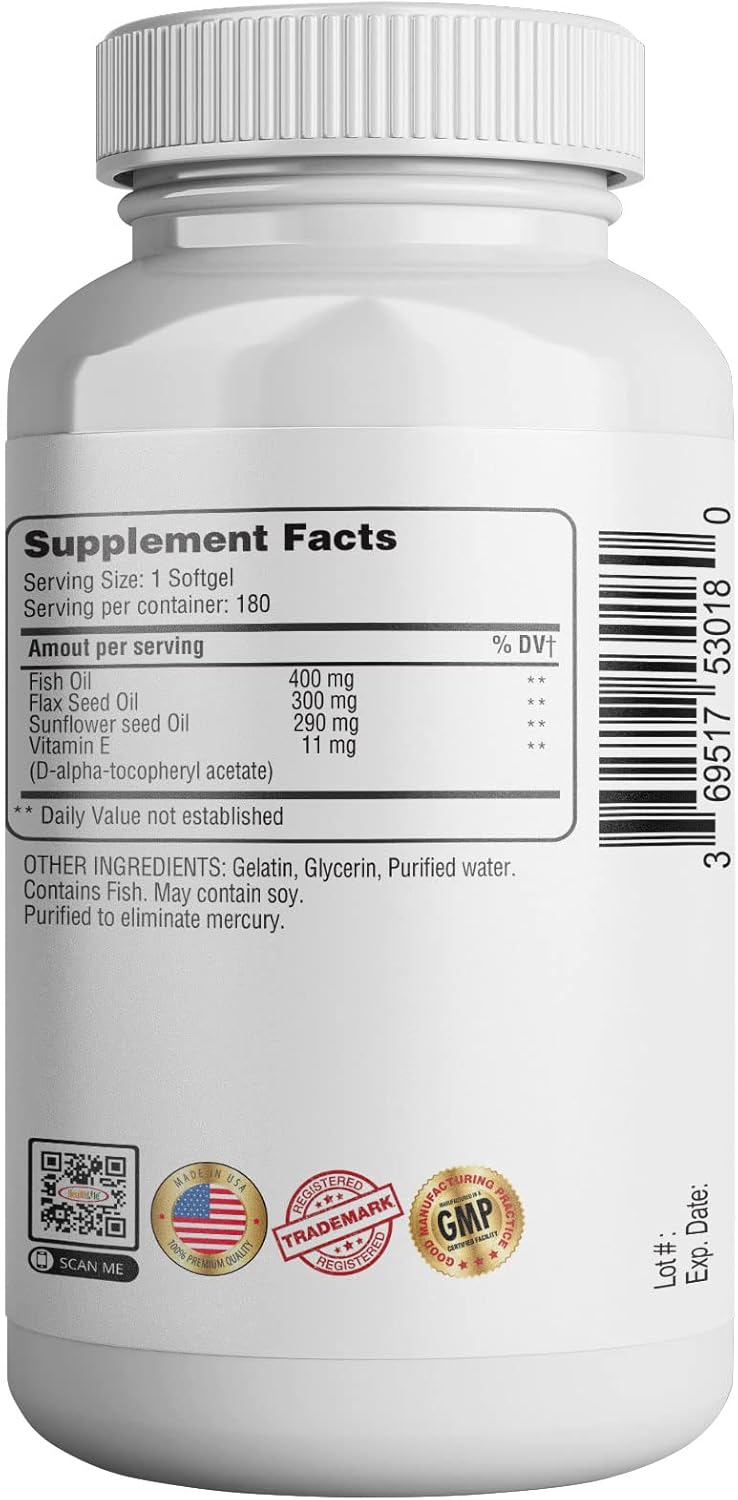 Omega 3-6-9 Softgels with Fish, Flaxseed, Borage Oils - 180 Count | Non-GMO & Gluten Free - HEALTH LIFE 365