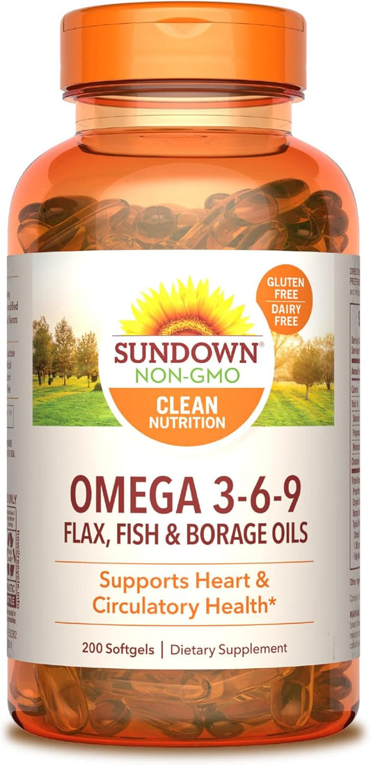 Omega 3 6 9 Softgels with Flax, Fish, and Borage Oils for Heart Health - 200 Count