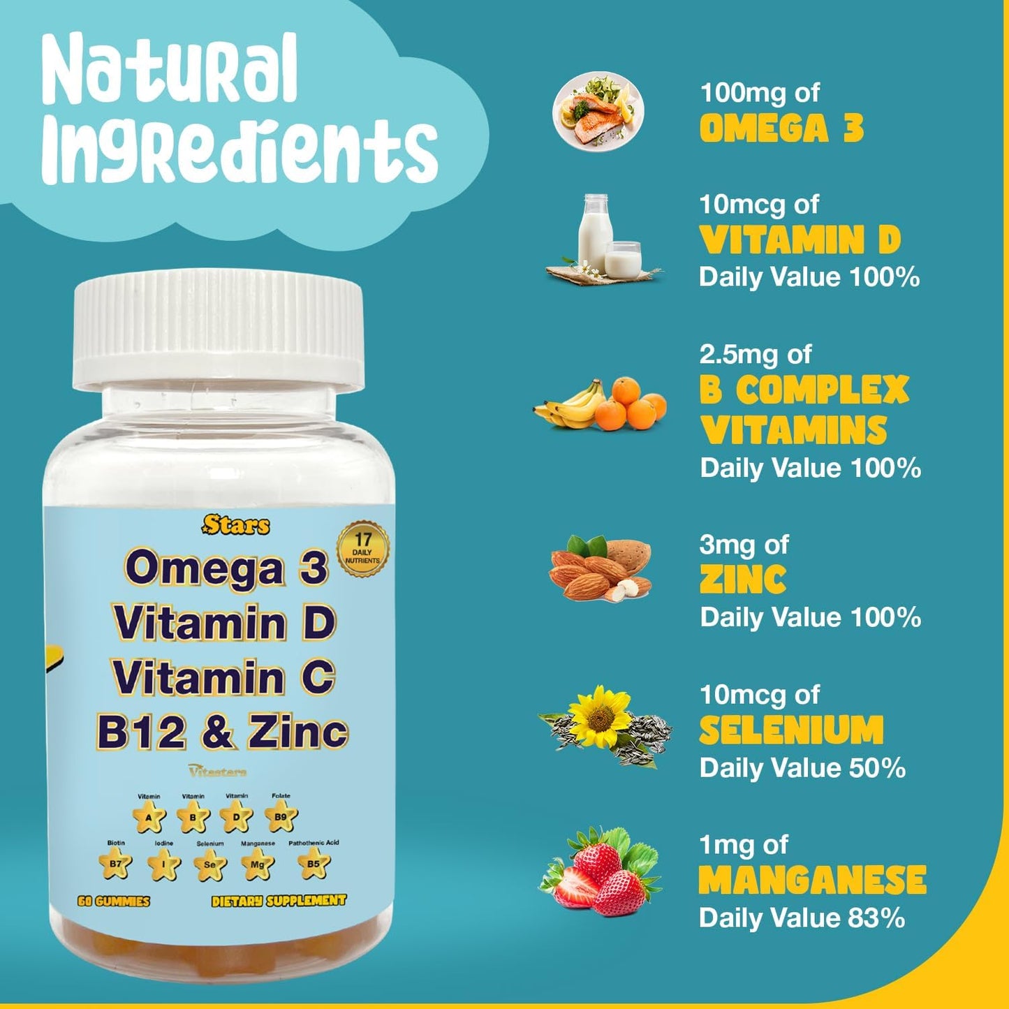 Omega 3 Adult Multivitamin Gummies with Selenium, Vitamins A, B, C, D, Biotin - 60 Chewable Gummies for Men and Women