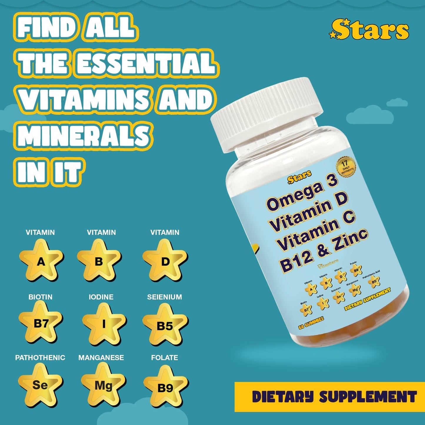 Omega 3 Adult Multivitamin Gummies with Selenium, Vitamins A, B, C, D, Biotin - 60 Chewable Gummies for Men and Women