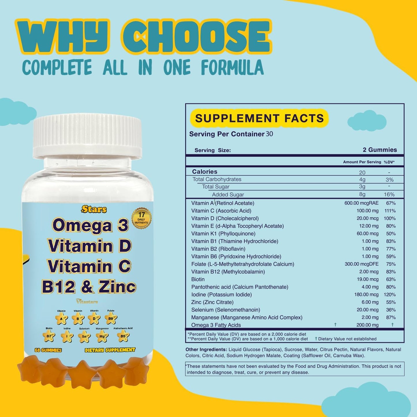 Omega 3 Adult Multivitamin Gummies with Selenium, Vitamins A, B, C, D, Biotin - 60 Chewable Gummies for Men and Women