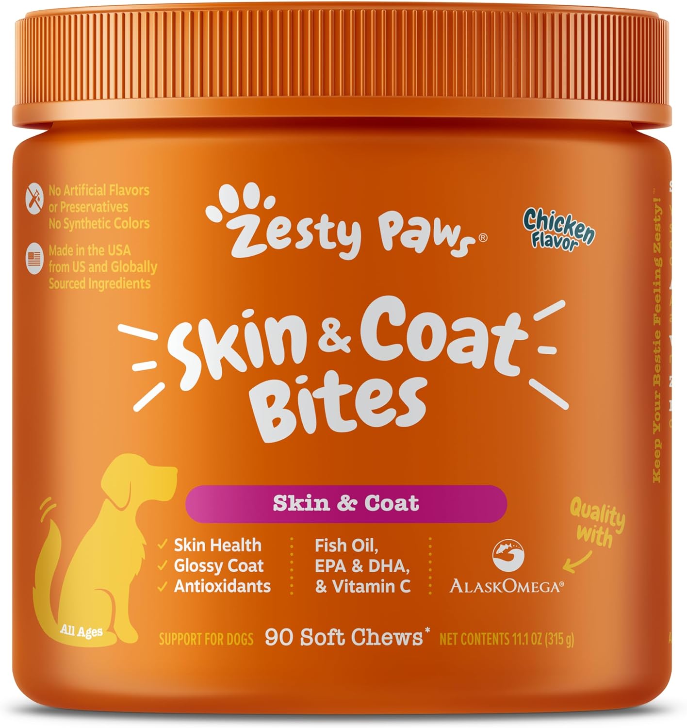 Omega 3 Alaskan Fish Oil Chew Treats for Dogs - AlaskOmega with EPA & DHA Fatty Acids - Hip & Joint Support + Skin & Coat - Chicken Flavor (90 Soft Chews)