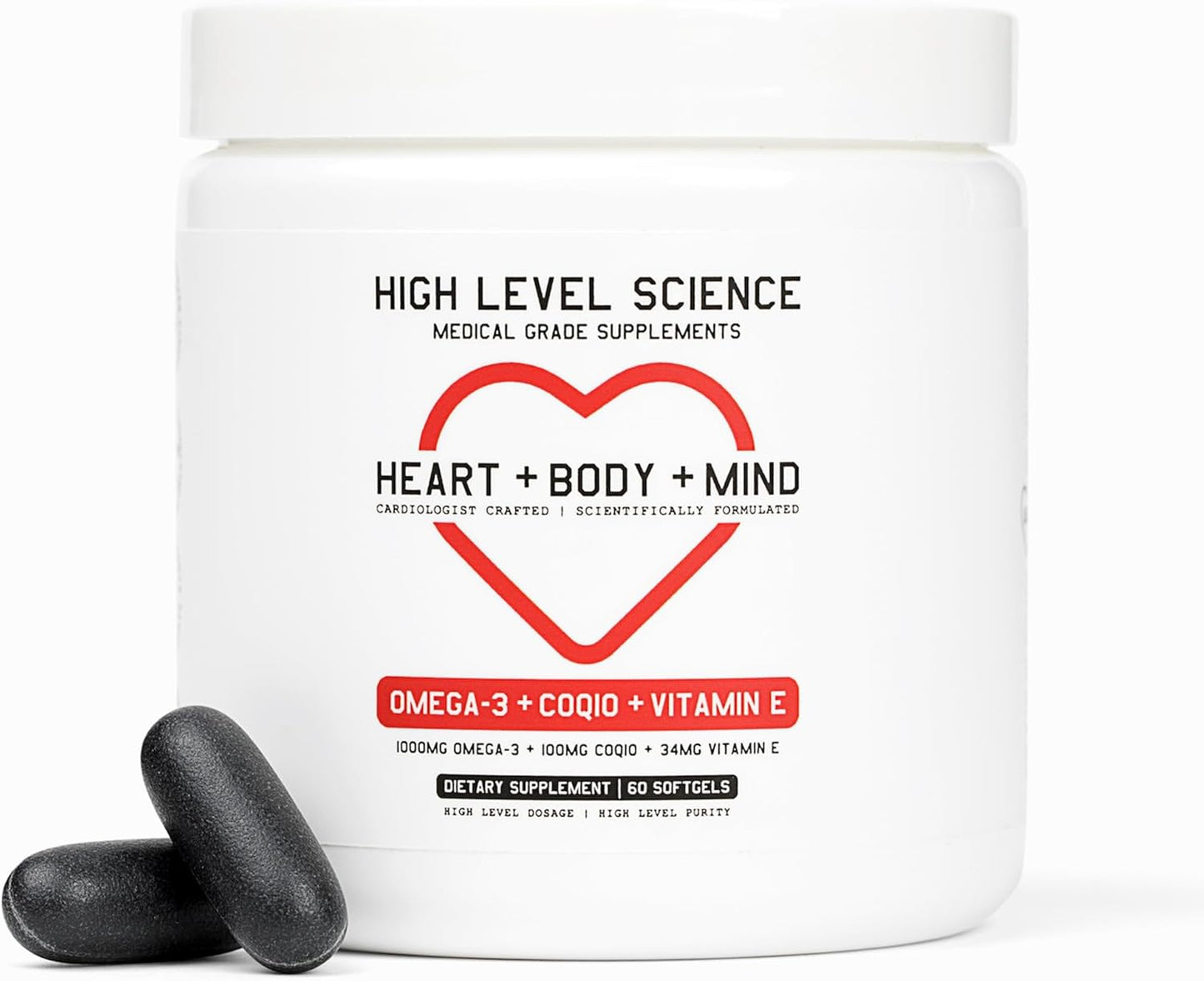 Omega 3, CoQ10, Vitamin E Antioxidant Supplement for Heart, Body, Mind - Gluten Free, 60 Softgels - High Bioavailability