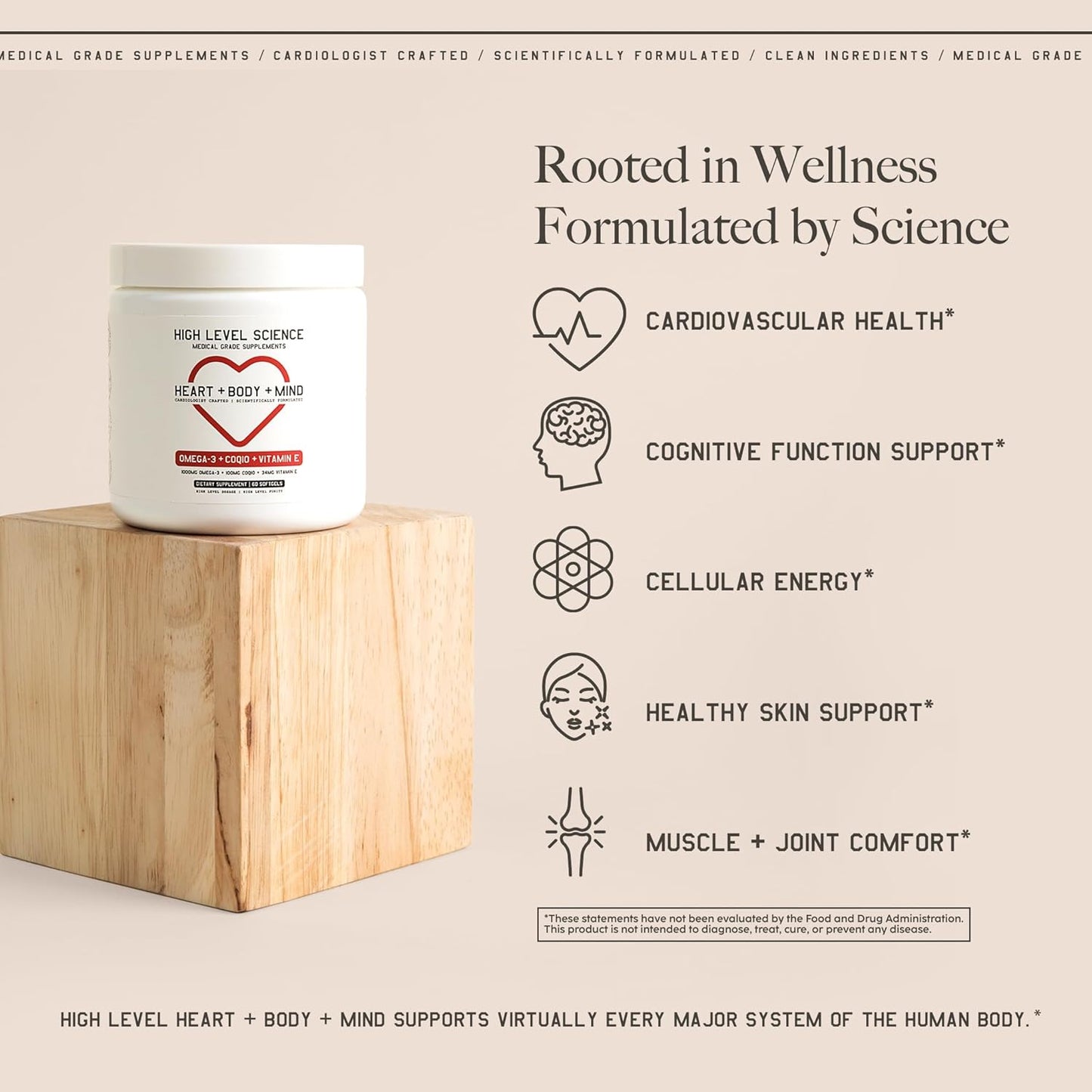 Omega 3, CoQ10, Vitamin E Antioxidant Supplement for Heart, Body, Mind - Gluten Free, 60 Softgels - High Bioavailability