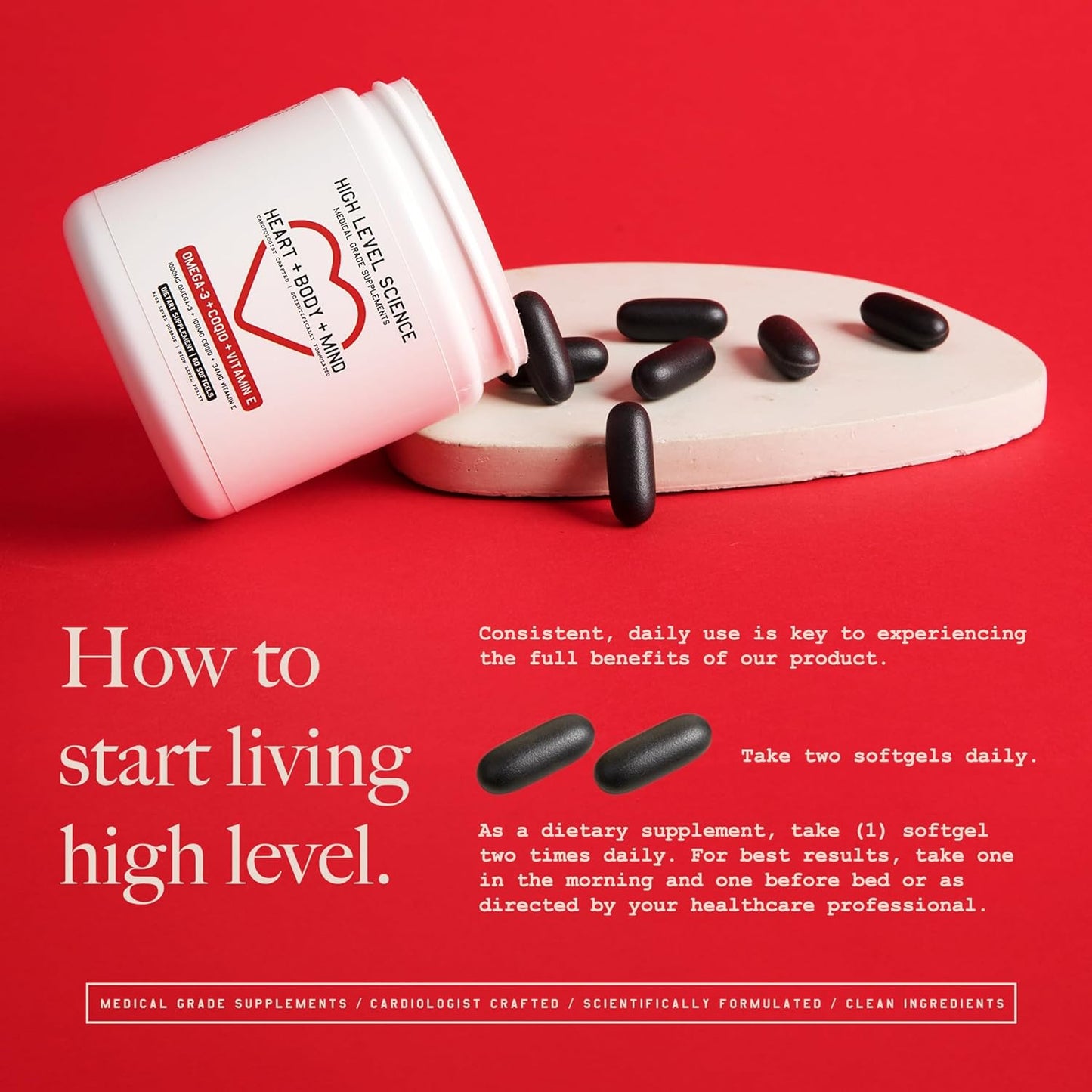 Omega 3, CoQ10, Vitamin E Antioxidant Supplement for Heart, Body, Mind - Gluten Free, 60 Softgels - High Bioavailability