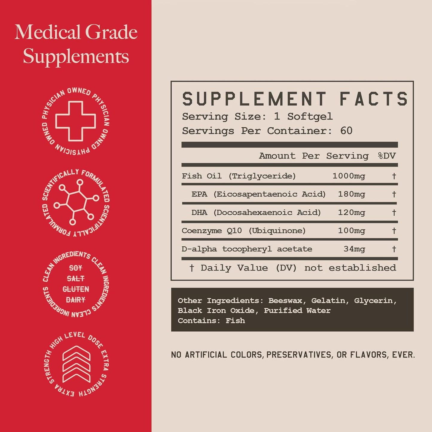 Omega 3, CoQ10, Vitamin E Antioxidant Supplement for Heart, Body, Mind - Gluten Free, 60 Softgels - High Bioavailability