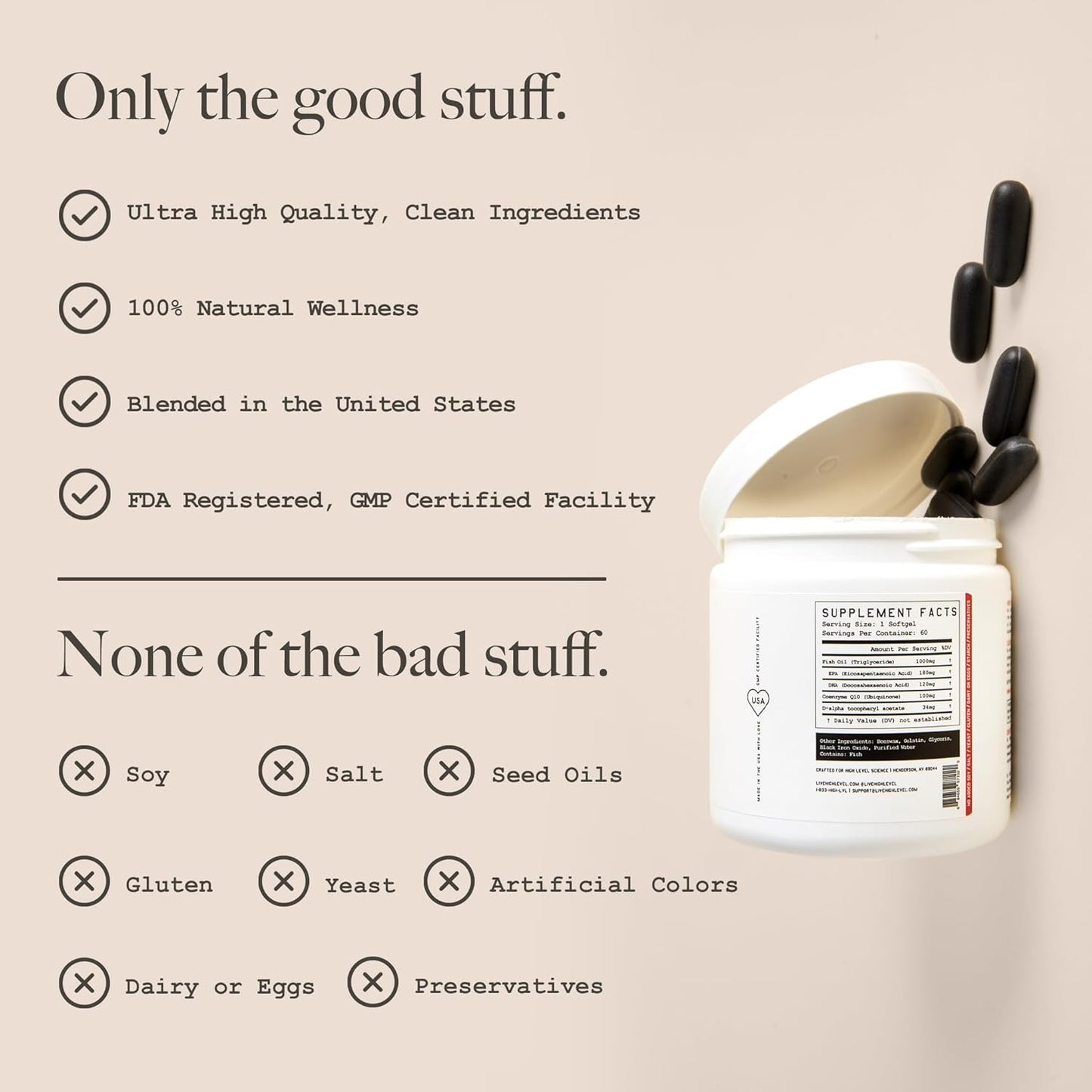 Omega 3, CoQ10, Vitamin E Antioxidant Supplement for Heart, Body, Mind - Gluten Free, 60 Softgels - High Bioavailability