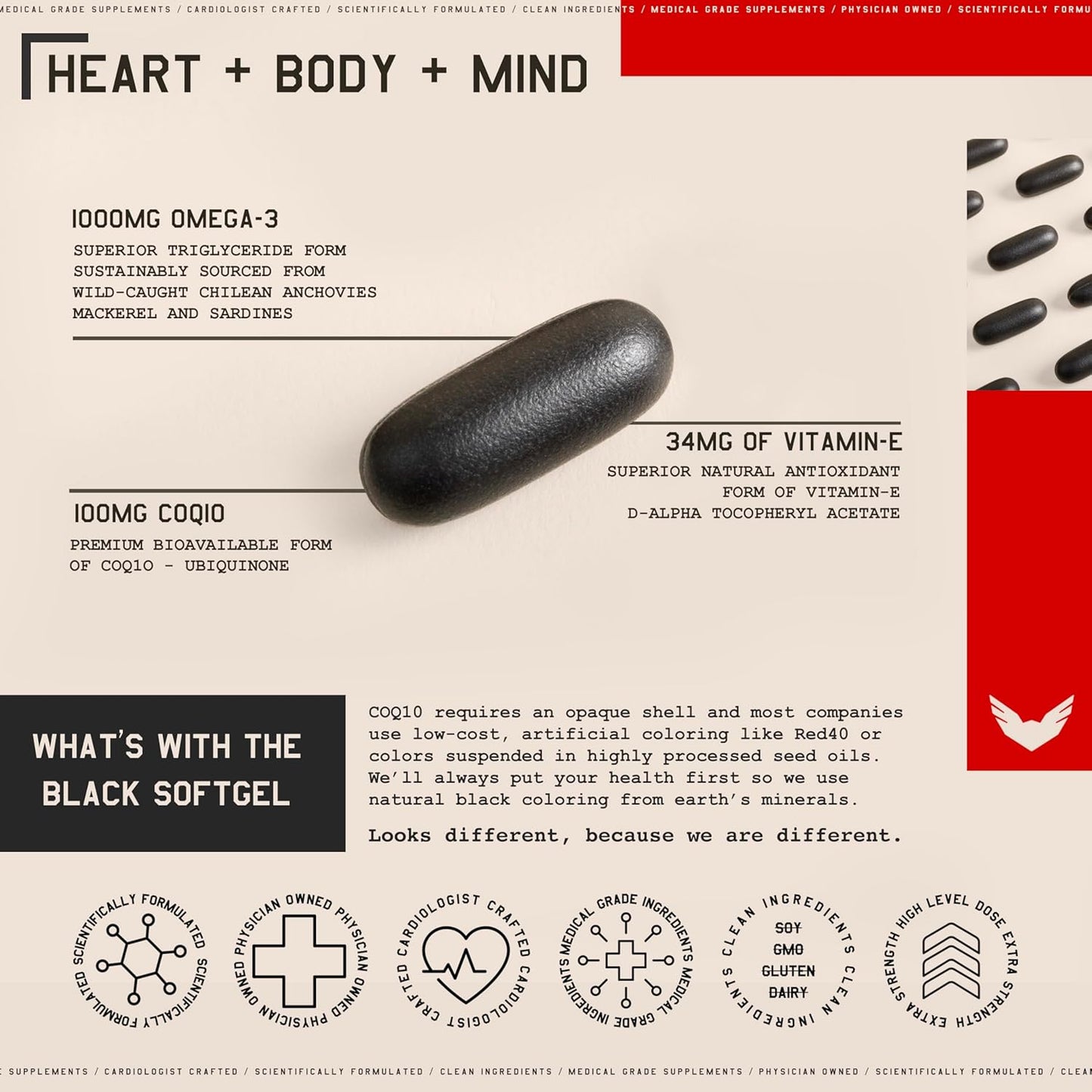 Omega 3, CoQ10, Vitamin E Antioxidant Supplement for Heart, Body, Mind - Gluten Free, 60 Softgels - High Bioavailability