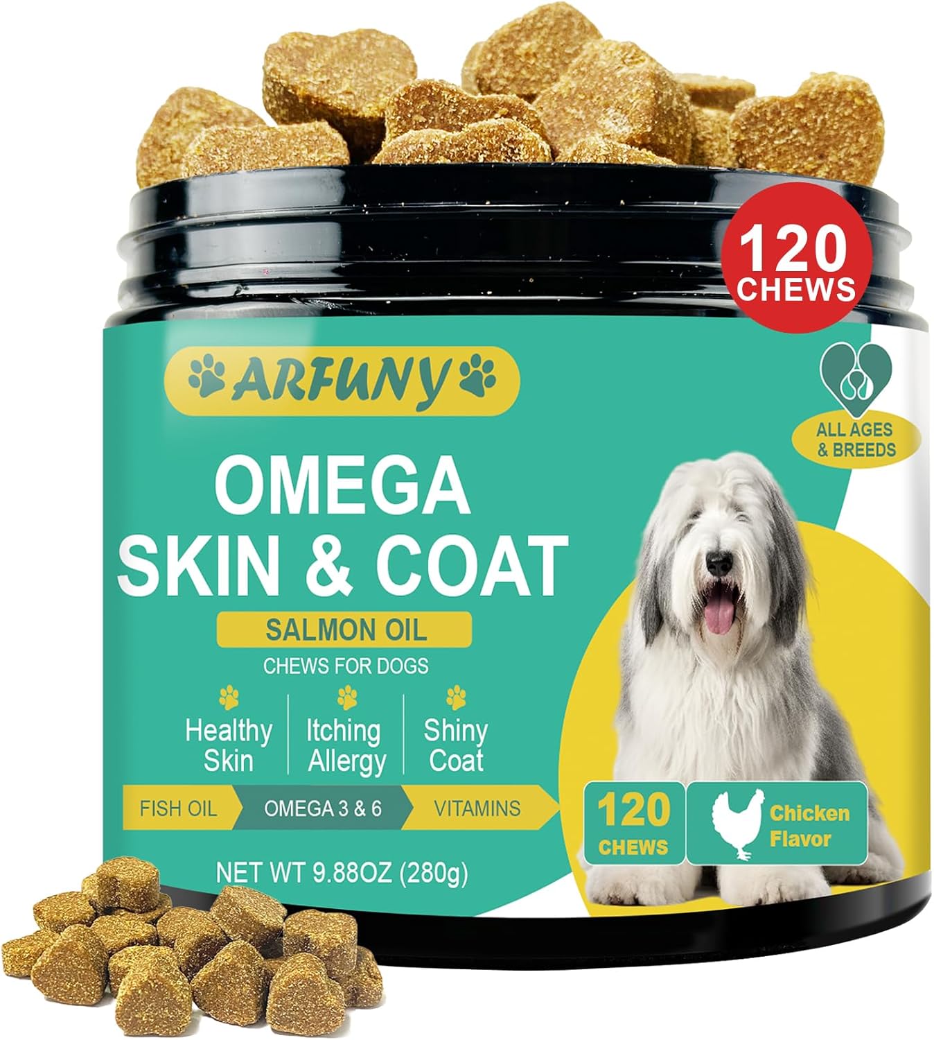 Omega 3 Dog Skin and Coat Supplement with EPA & DHA Fatty Acids - Itchy Skin Relief - Chicken Flavor, 120 Chews