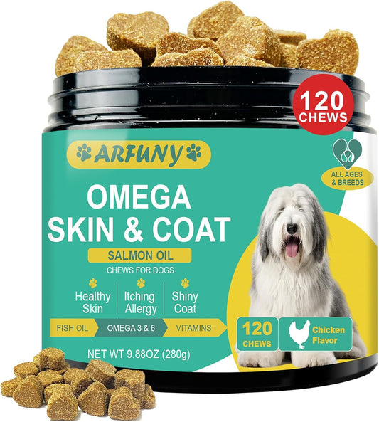Omega 3 Dog Skin and Coat Supplement with EPA & DHA Fatty Acids - Itchy Skin Relief - Chicken Flavor, 120 Chews
