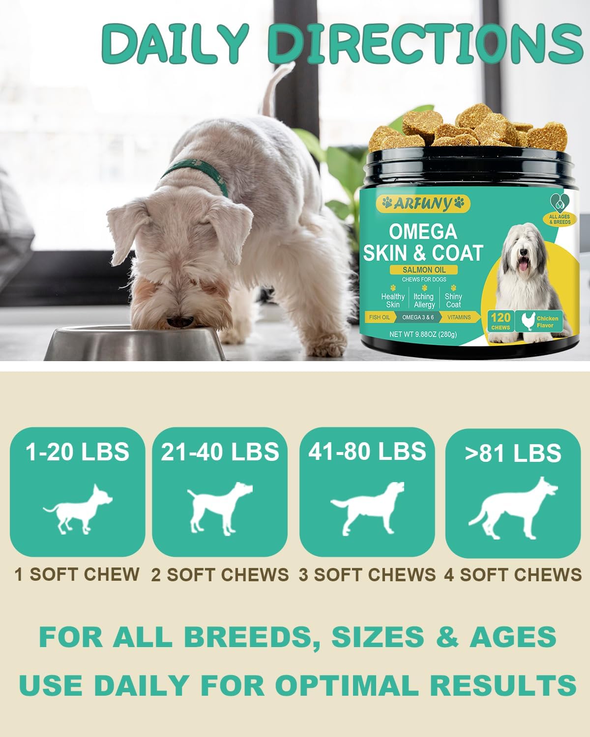 Omega 3 Dog Skin and Coat Supplement with EPA & DHA Fatty Acids - Itchy Skin Relief - Chicken Flavor, 120 Chews