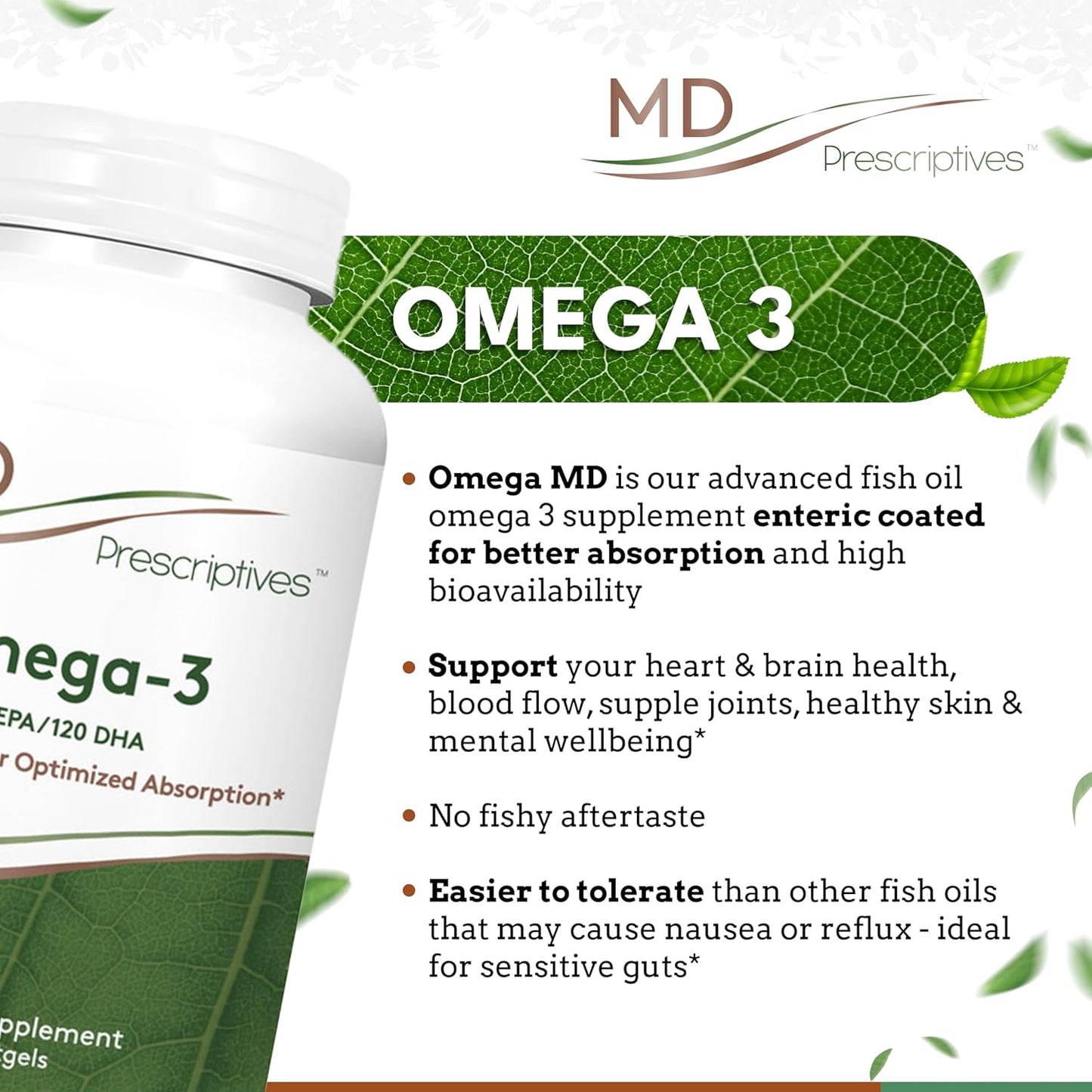 Omega 3 Enteric Coated Fish Oil Supplement - 90 Softgels for Daily Optimal Absorption by MD Prescriptives