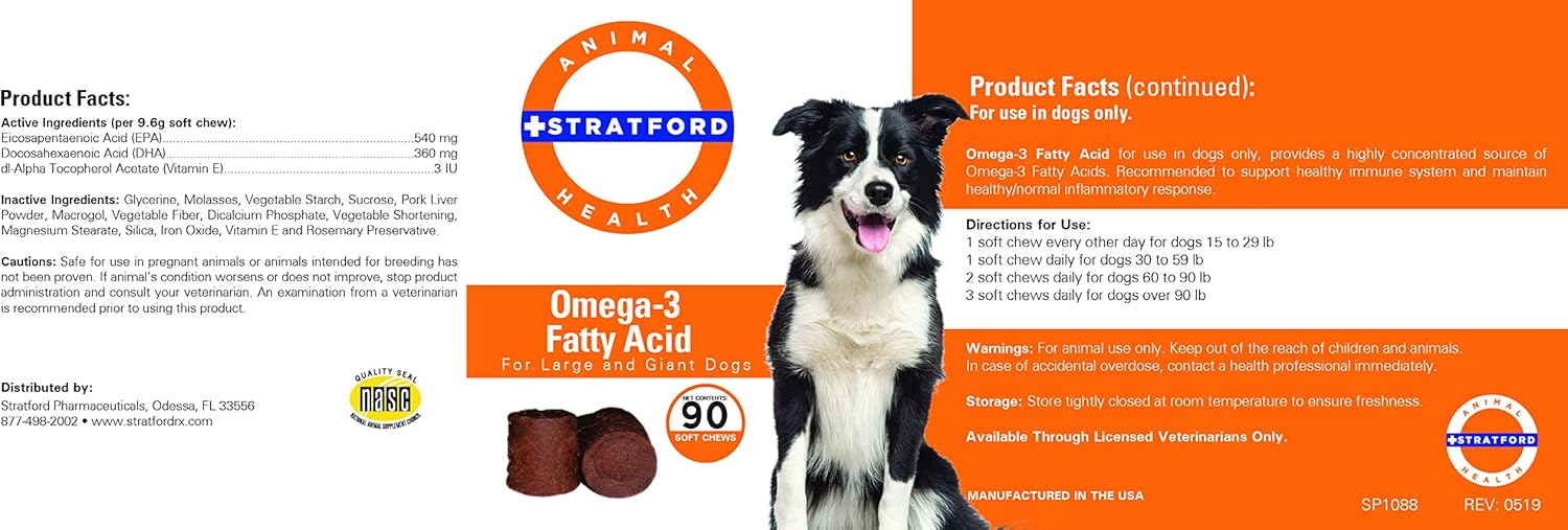 Omega 3 Fatty Acid Soft Chews for Large Dogs - Max Strength Dog Supplement with Fish Oil - 90 Soft Chews by Stratford Pharmaceuticals