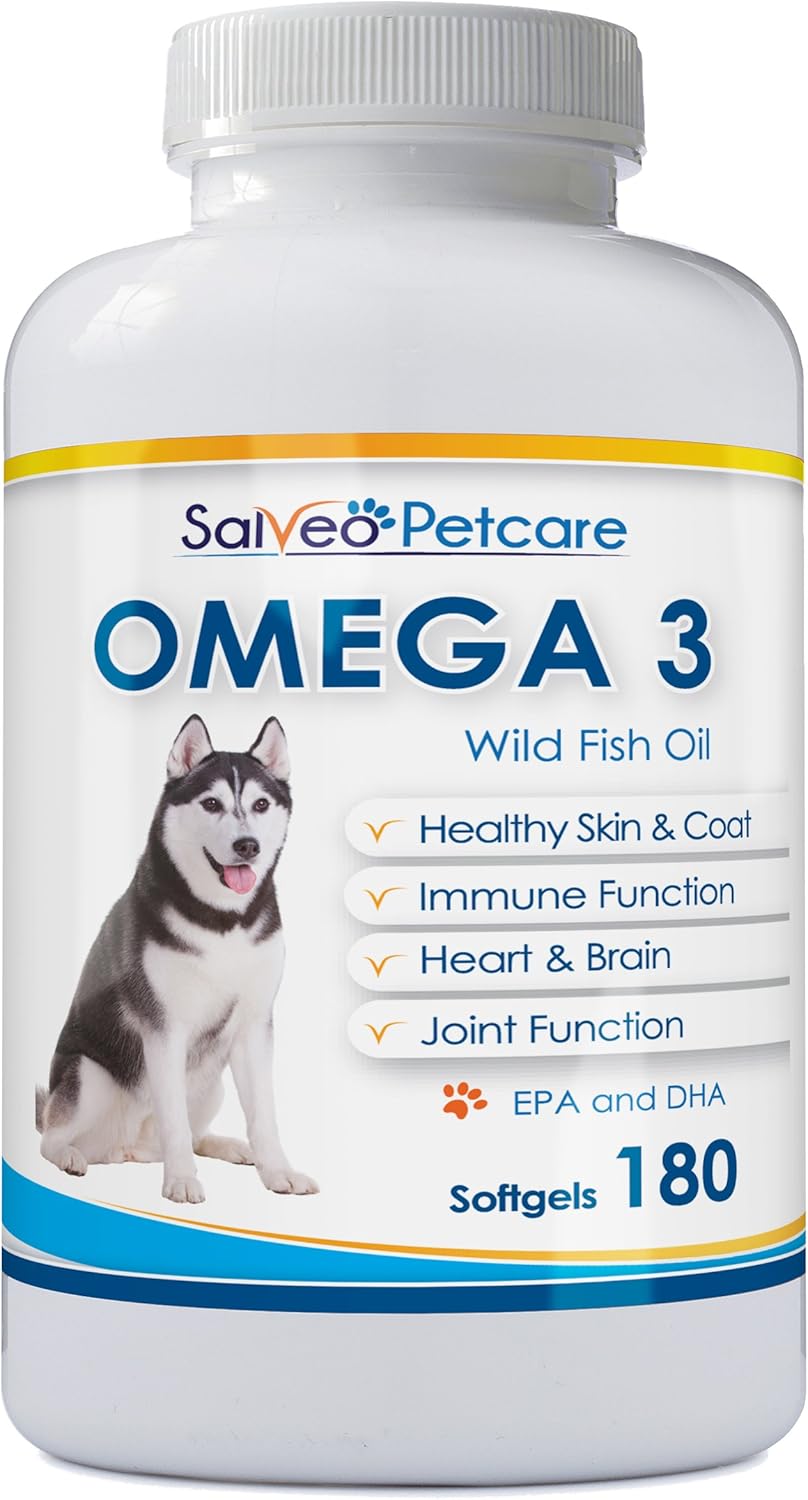 Omega 3 Fish Oil Capsules for Dogs - Natural Pet Supplement for Shiny Coats - High EPA & DHA - No Fishy Smell - 180 Capsules