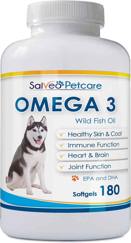 Omega 3 Fish Oil Capsules for Dogs - Natural Pet Supplement for Shiny Coats - High EPA & DHA - No Fishy Smell - 180 Capsules