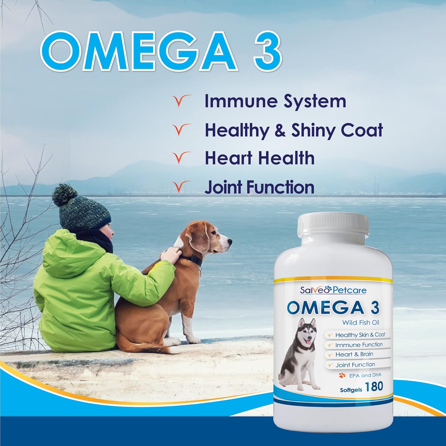 Omega 3 Fish Oil Capsules for Dogs - Natural Pet Supplement for Shiny Coats - High EPA & DHA - No Fishy Smell - 180 Capsules