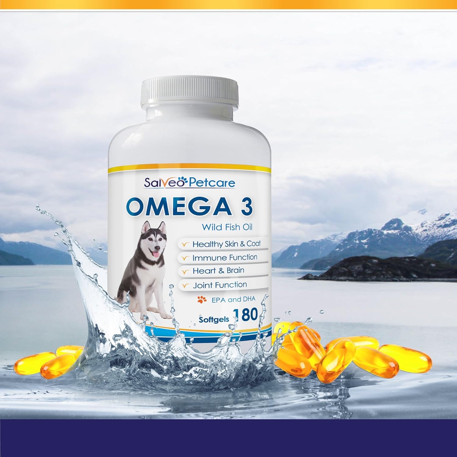 Omega 3 Fish Oil Capsules for Dogs - Natural Pet Supplement for Shiny Coats - High EPA & DHA - No Fishy Smell - 180 Capsules