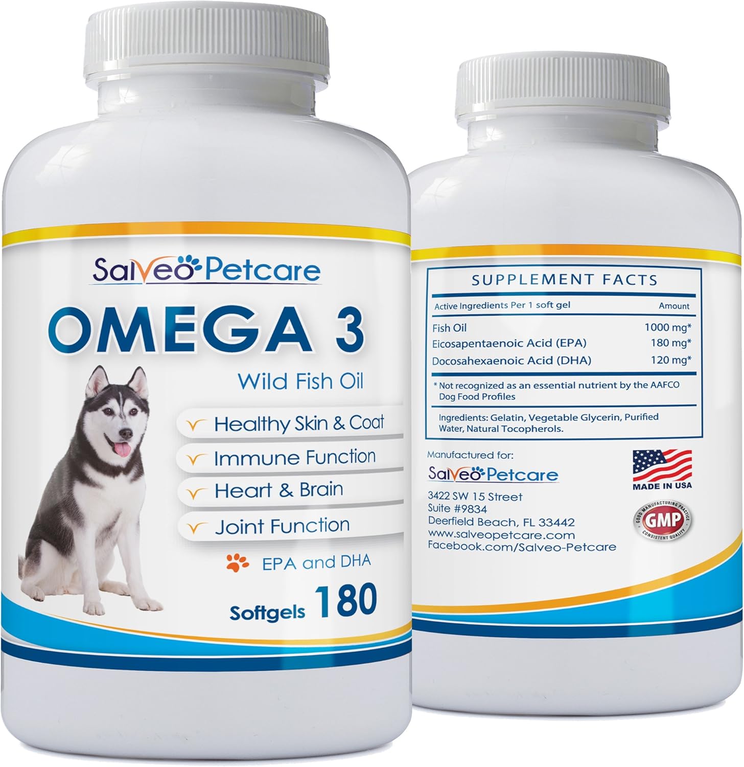 Omega 3 Fish Oil Capsules for Dogs - Natural Pet Supplement for Shiny Coats - High EPA & DHA - No Fishy Smell - 180 Capsules