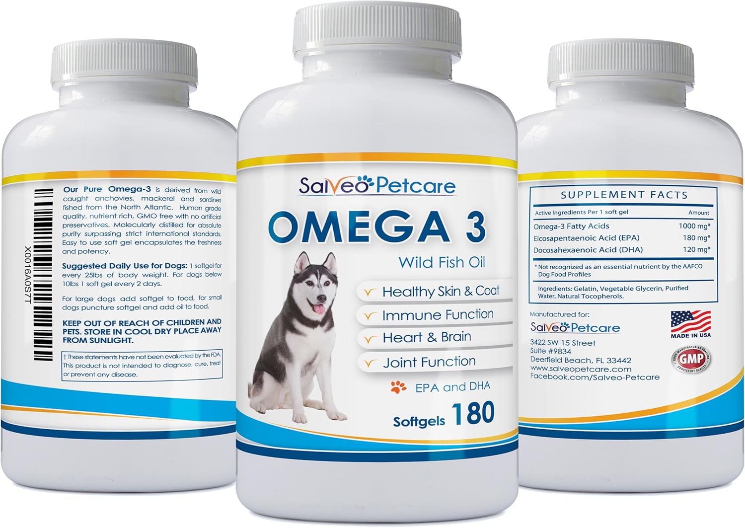 Omega 3 Fish Oil Capsules for Dogs - Natural Pet Supplement for Shiny Coats - High EPA & DHA - No Fishy Smell - 180 Capsules