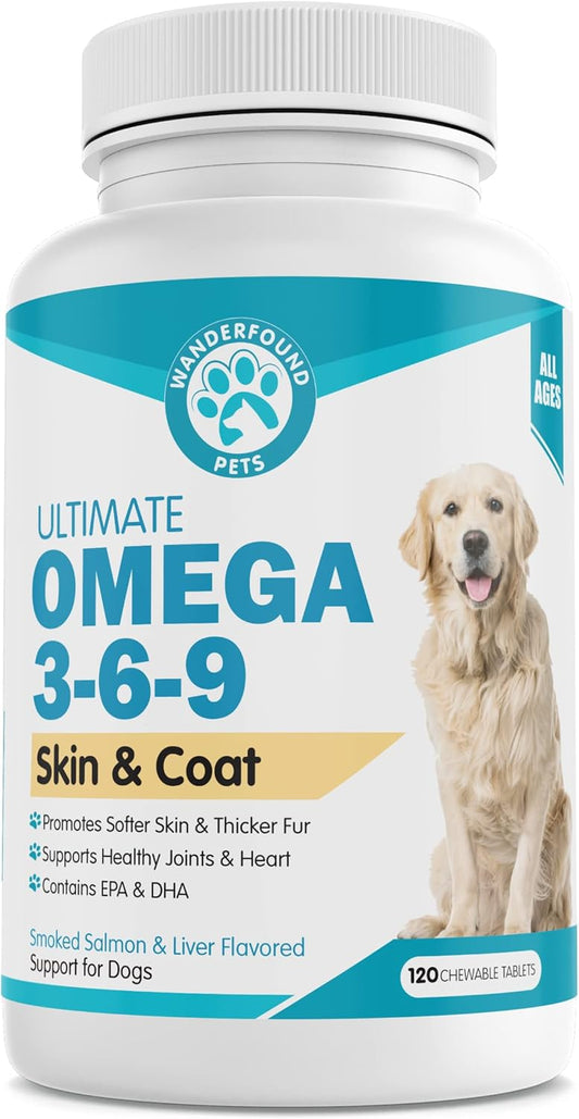 Omega-3 Fish Oil Chewable Vitamins for Dogs - Skin and Coat Health, Itch Relief, Joint and Heart Support - 120 Tablets, Salmon Liver Flavor