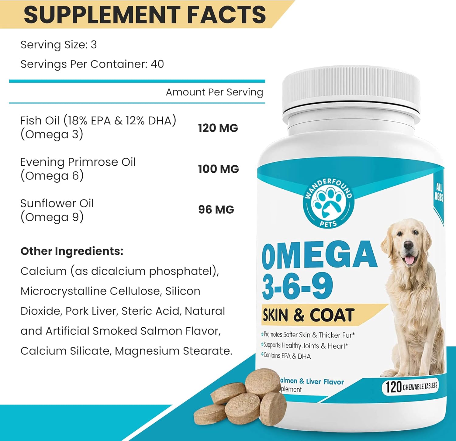 Omega-3 Fish Oil Chewable Vitamins for Dogs - Skin and Coat Health, Itch Relief, Joint and Heart Support - 120 Tablets, Salmon Liver Flavor