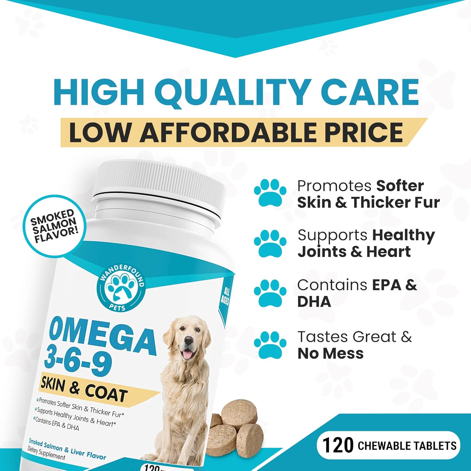 Omega-3 Fish Oil Chewable Vitamins for Dogs - Skin and Coat Health, Itch Relief, Joint and Heart Support - 120 Tablets, Salmon Liver Flavor