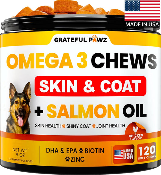 Omega 3 Fish Oil Chews for Dogs - Allergy Relief - Anti Shedding & Joint Health - Salmon Oil Supplement with EPA & DHA