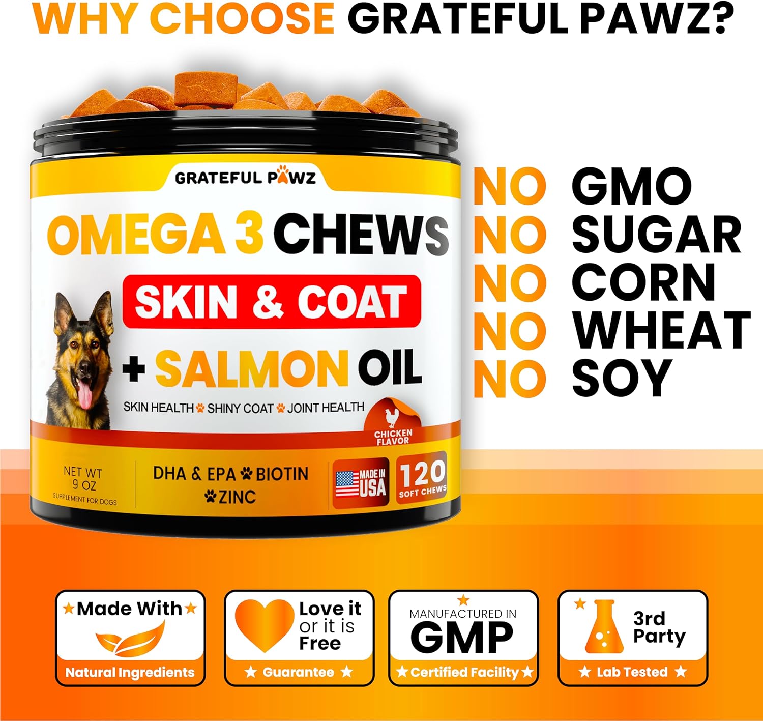 Omega 3 Fish Oil Chews for Dogs - Allergy Relief - Anti Shedding & Joint Health - Salmon Oil Supplement with EPA & DHA