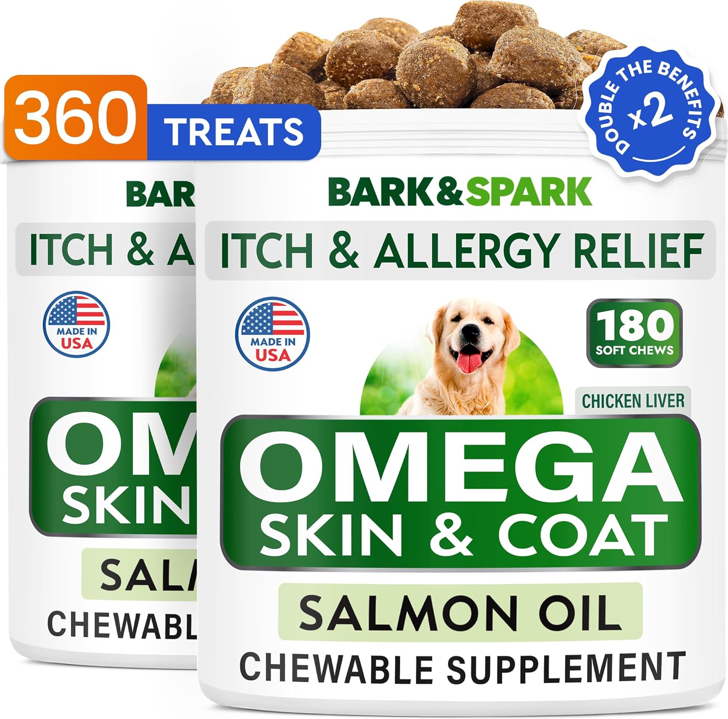Omega 3 Fish Oil Chews for Dogs - Skin Allergy Relief & Joint Health - 2 Pack of 360 Treats for Shedding & Hot Spots - EPA&DHA Fatty Acids - Natural Skin & Coat Supplement