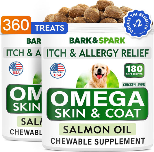 Omega 3 Fish Oil Chews for Dogs - Skin Allergy Relief & Joint Health - 2 Pack of 360 Treats for Shedding & Hot Spots - EPA&DHA Fatty Acids - Natural Skin & Coat Supplement