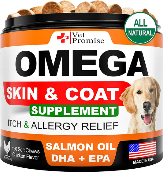 Omega 3 Fish Oil Chews for Dogs - Skin and Coat Supplement - Allergy Relief - Shedding Control - Dry Skin Treatment - Salmon Oil - Made in USA - 120 Soft Treats