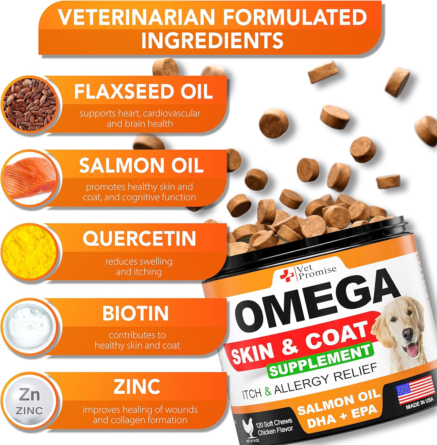 Omega 3 Fish Oil Chews for Dogs - Skin and Coat Supplement - Allergy Relief - Shedding Control - Dry Skin Treatment - Salmon Oil - Made in USA - 120 Soft Treats