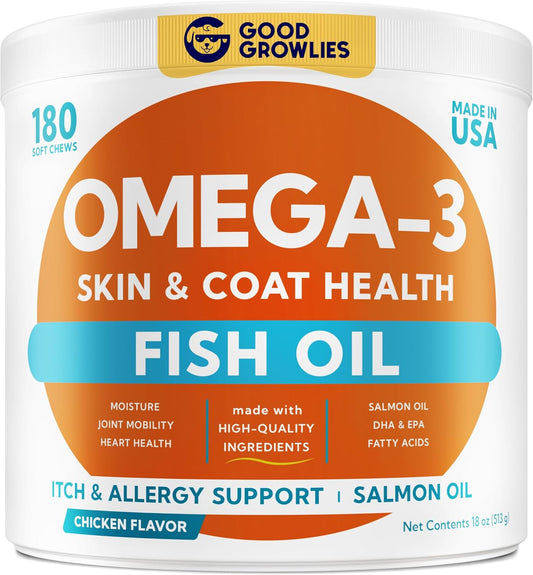 Omega 3 Fish Oil Chews for Dogs (180 Ct) - Skin & Coat Relief - Allergy & Itch Support - Healthy Hearts, Hips & Joints - Natural Salmon Oil Formula