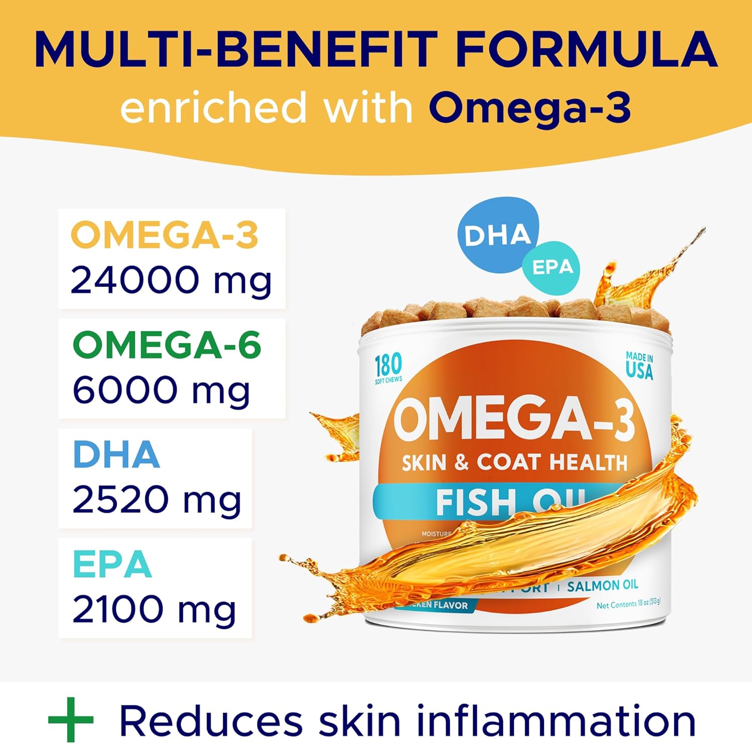Omega 3 Fish Oil Chews for Dogs (180 Ct) - Skin & Coat Relief - Allergy & Itch Support - Healthy Hearts, Hips & Joints - Natural Salmon Oil Formula