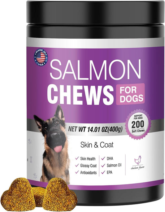 Omega 3 Fish Oil Chews for Dogs with EPA & DHA - Skin & Coat Supplement, Dry Skin Relief, Shedding & Itching Support, Hip & Joint Health - 200 Chews