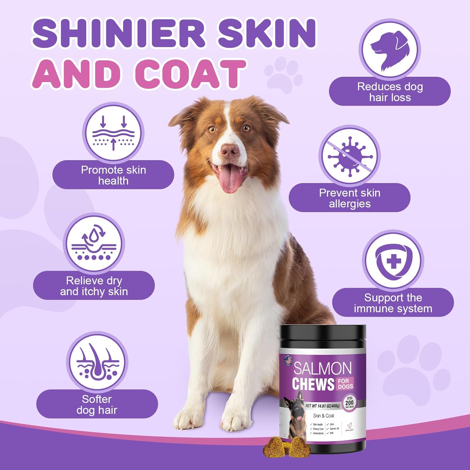 Omega 3 Fish Oil Chews for Dogs with EPA & DHA - Skin & Coat Supplement, Dry Skin Relief, Shedding & Itching Support, Hip & Joint Health - 200 Chews