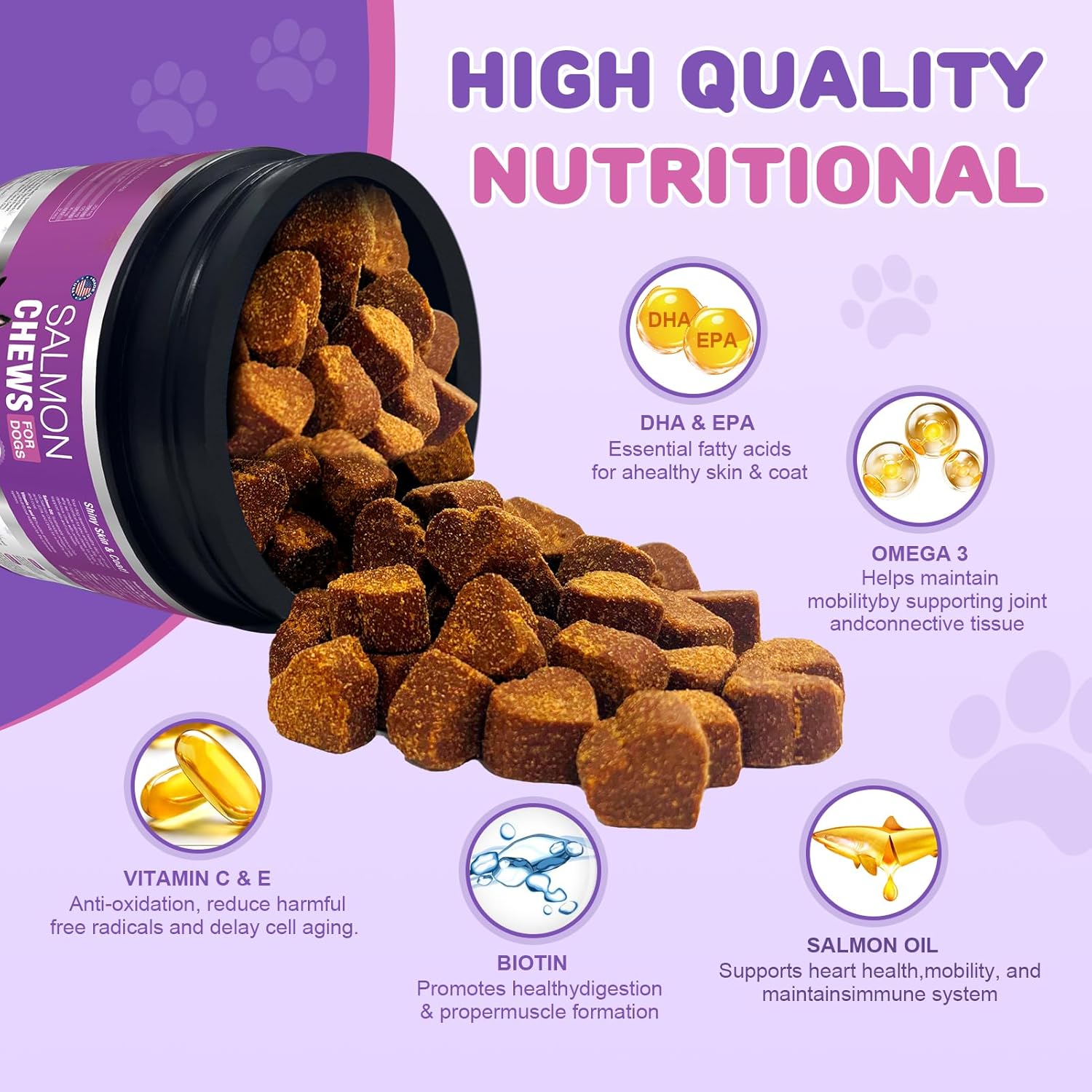 Omega 3 Fish Oil Chews for Dogs with EPA & DHA - Skin & Coat Supplement, Dry Skin Relief, Shedding & Itching Support, Hip & Joint Health - 200 Chews
