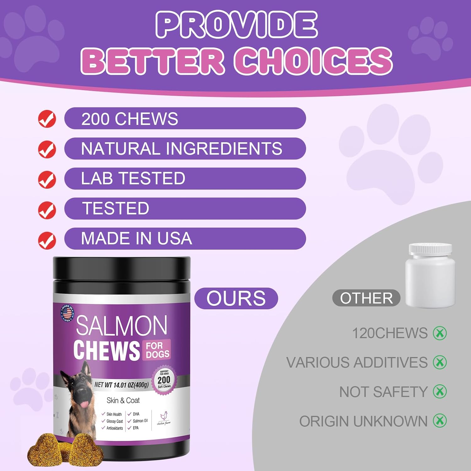 Omega 3 Fish Oil Chews for Dogs with EPA & DHA - Skin & Coat Supplement, Dry Skin Relief, Shedding & Itching Support, Hip & Joint Health - 200 Chews