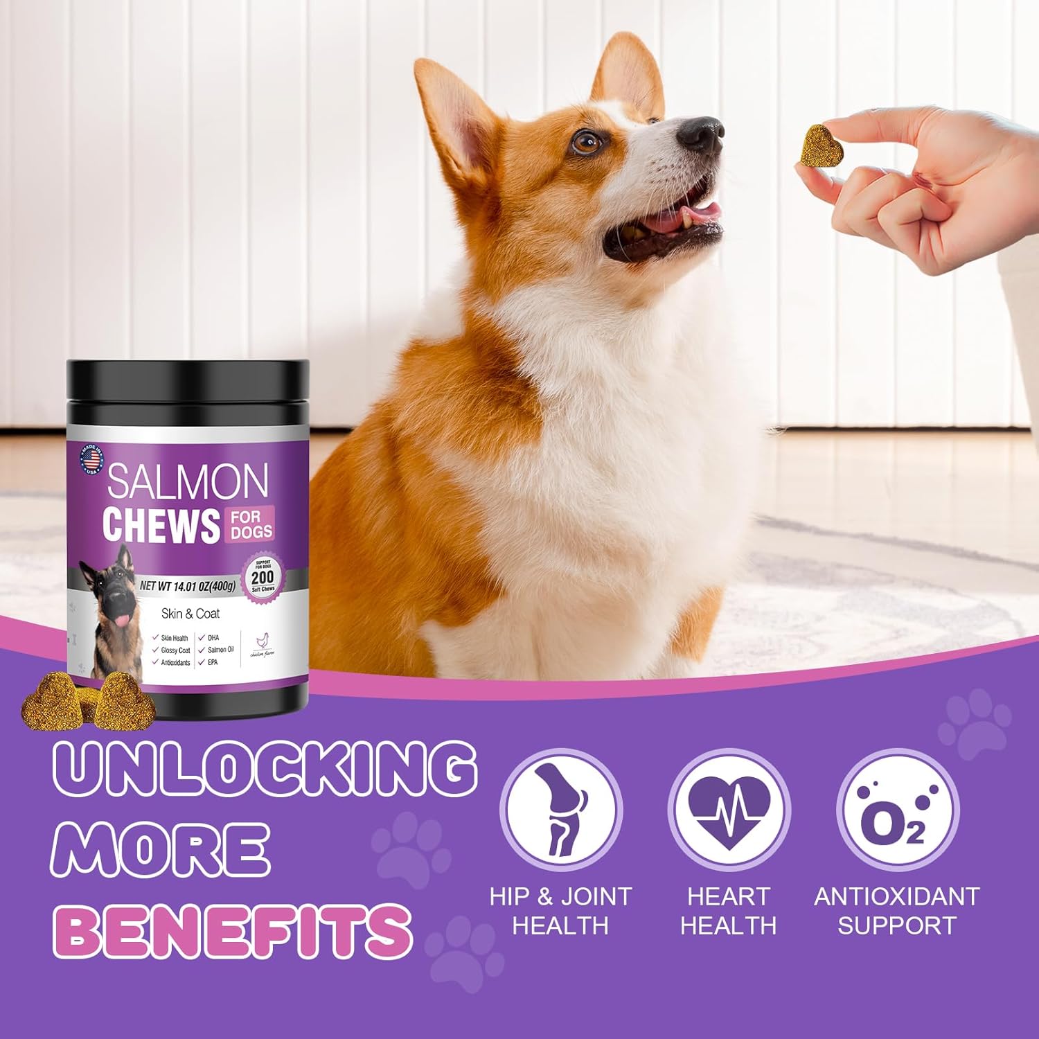 Omega 3 Fish Oil Chews for Dogs with EPA & DHA - Skin & Coat Supplement, Dry Skin Relief, Shedding & Itching Support, Hip & Joint Health - 200 Chews