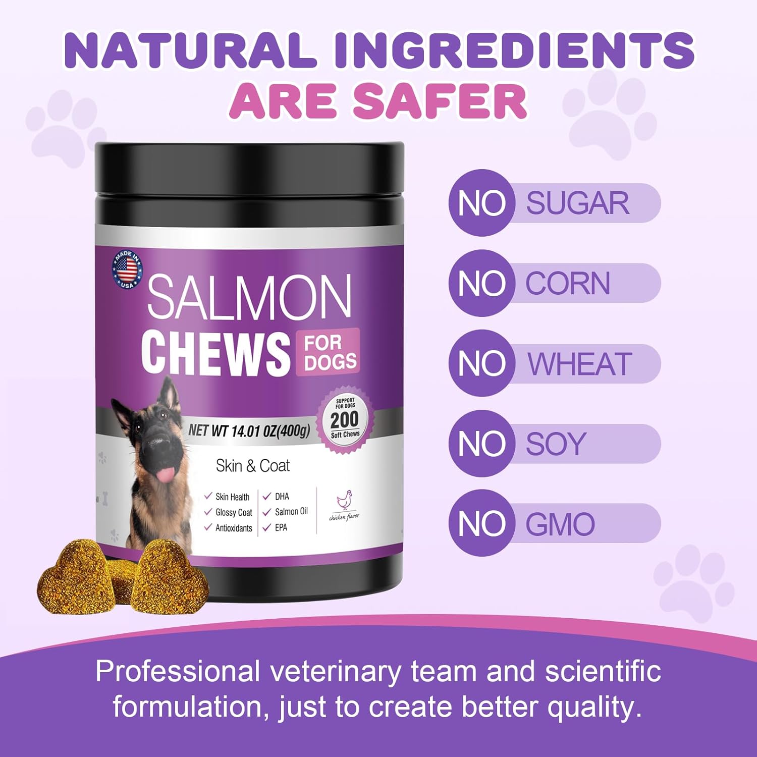 Omega 3 Fish Oil Chews for Dogs with EPA & DHA - Skin & Coat Supplement, Dry Skin Relief, Shedding & Itching Support, Hip & Joint Health - 200 Chews